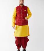  yellow and maroon silk blend jacket, kurta and dhoti set