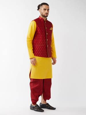  yellow and maroon silk blend jacket, kurta and dhoti set 2
