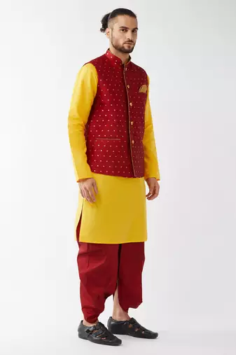  yellow and maroon silk blend jacket, kurta and dhoti set