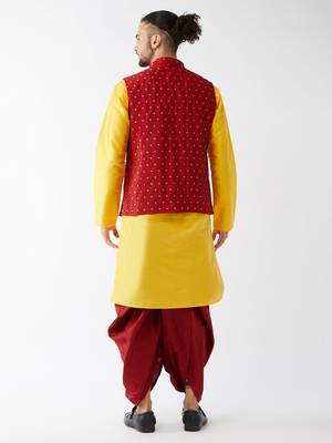  yellow and maroon silk blend jacket, kurta and dhoti set 3