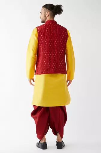  yellow and maroon silk blend jacket, kurta and dhoti set