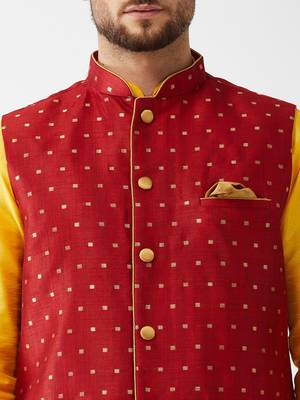  yellow and maroon silk blend jacket, kurta and dhoti set 4