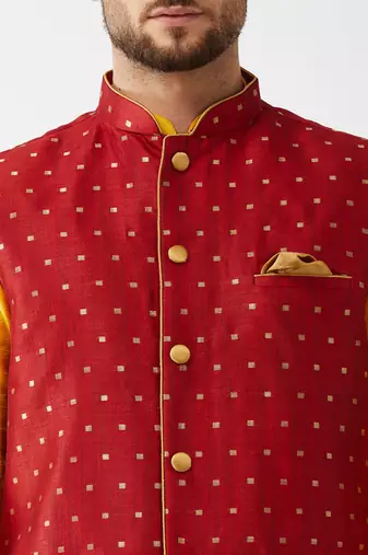  yellow and maroon silk blend jacket, kurta and dhoti set