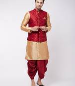  rose gold and maroon silk blend jacket, kurta and dhoti set