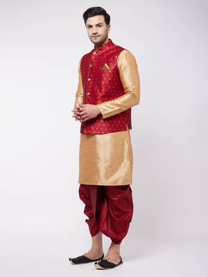  rose gold and maroon silk blend jacket, kurta and dhoti set 2