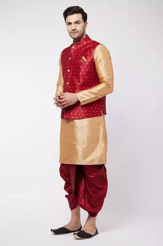  rose gold and maroon silk blend jacket, kurta and dhoti set