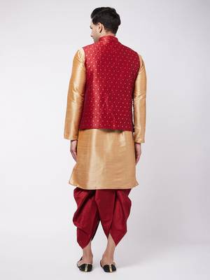  rose gold and maroon silk blend jacket, kurta and dhoti set 3