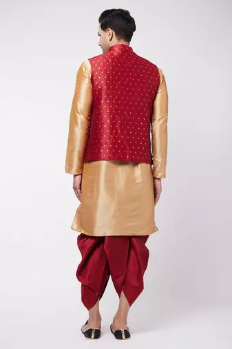  rose gold and maroon silk blend jacket, kurta and dhoti set