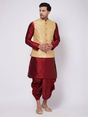  gold and maroon silk blend jacket, kurta and dhoti set 1