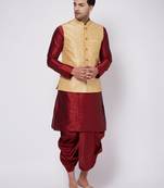  gold and maroon silk blend jacket, kurta and dhoti set