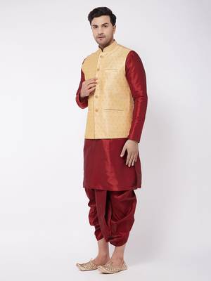  gold and maroon silk blend jacket, kurta and dhoti set 2