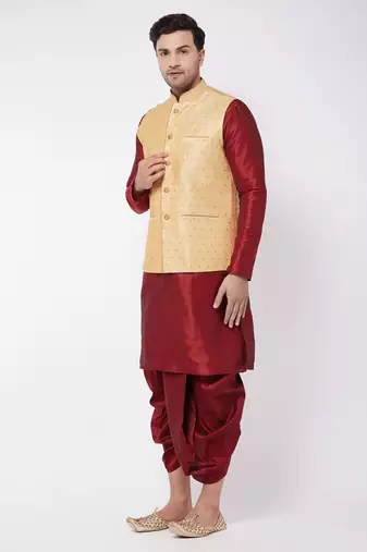  gold and maroon silk blend jacket, kurta and dhoti set