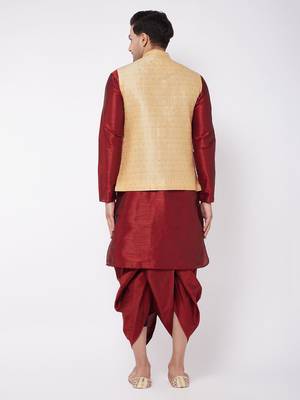  gold and maroon silk blend jacket, kurta and dhoti set 3