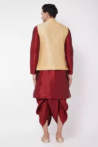  gold and maroon silk blend jacket, kurta and dhoti set