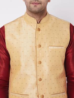  gold and maroon silk blend jacket, kurta and dhoti set 4