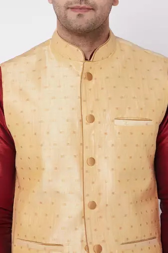  gold and maroon silk blend jacket, kurta and dhoti set