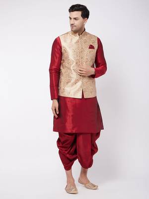  gold and maroon silk blend jacket, kurta and dhoti set 1