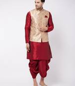  gold and maroon silk blend jacket, kurta and dhoti set