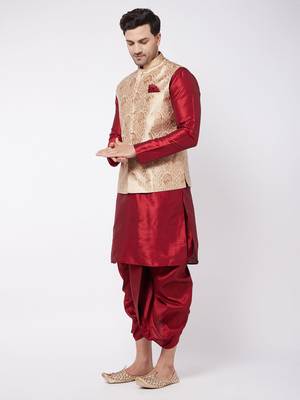  gold and maroon silk blend jacket, kurta and dhoti set 2