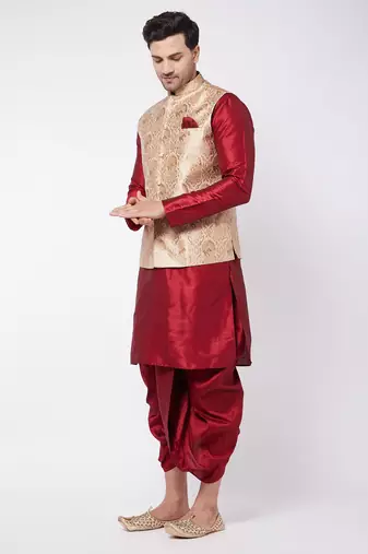  gold and maroon silk blend jacket, kurta and dhoti set