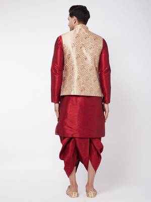  gold and maroon silk blend jacket, kurta and dhoti set 3