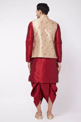  gold and maroon silk blend jacket, kurta and dhoti set