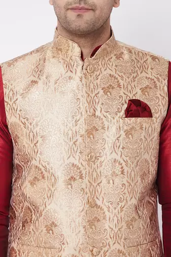  gold and maroon silk blend jacket, kurta and dhoti set