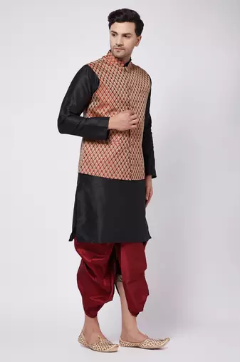  black and maroon silk blend jacket, kurta and dhoti set