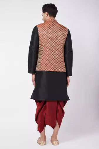  black and maroon silk blend jacket, kurta and dhoti set