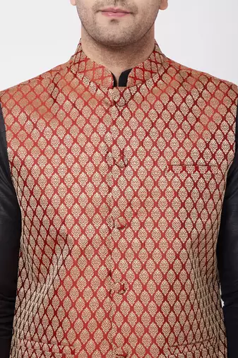  black and maroon silk blend jacket, kurta and dhoti set