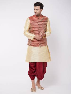  gold and maroon silk blend jacket, kurta and dhoti set 1