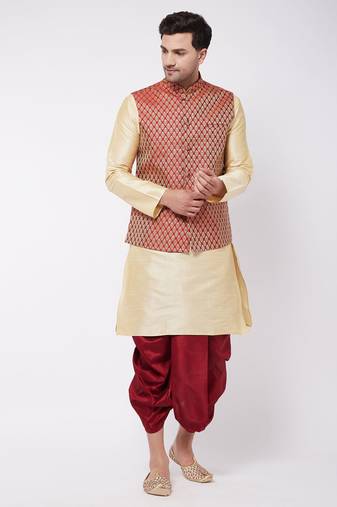  men's gold and maroon silk blend jacket, kurta and dhoti set