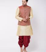  gold and maroon silk blend jacket, kurta and dhoti set