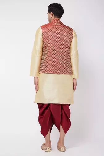  gold and maroon silk blend jacket, kurta and dhoti set