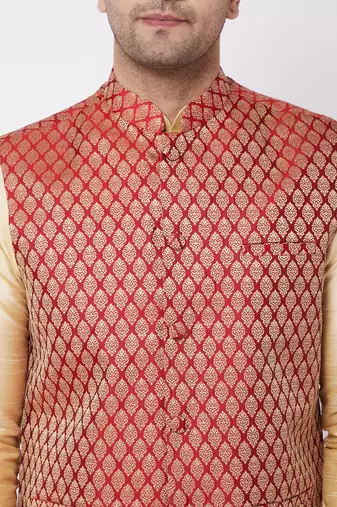  gold and maroon silk blend jacket, kurta and dhoti set