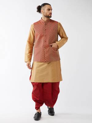  rose gold and maroon silk blend jacket, kurta and dhoti set 1