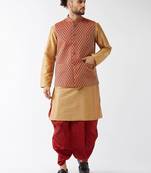  rose gold and maroon silk blend jacket, kurta and dhoti set