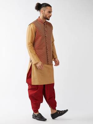  rose gold and maroon silk blend jacket, kurta and dhoti set 2