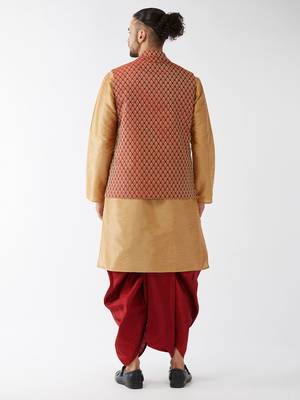  rose gold and maroon silk blend jacket, kurta and dhoti set 3