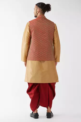  rose gold and maroon silk blend jacket, kurta and dhoti set