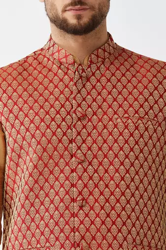  rose gold and maroon silk blend jacket, kurta and dhoti set