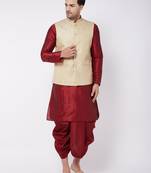  cream and maroon silk blend jacket, kurta and dhoti set