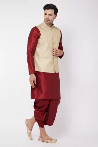  cream and maroon silk blend jacket, kurta and dhoti set
