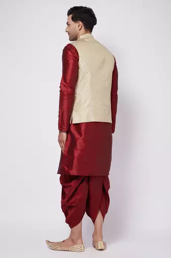  cream and maroon silk blend jacket, kurta and dhoti set