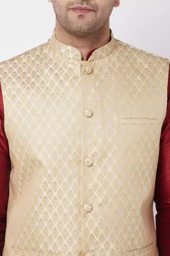  cream and maroon silk blend jacket, kurta and dhoti set