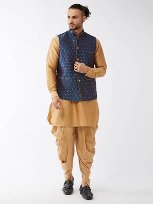 Rose Gold And Blue Silk Blend Jacket, Kurta And Dhoti Set 1