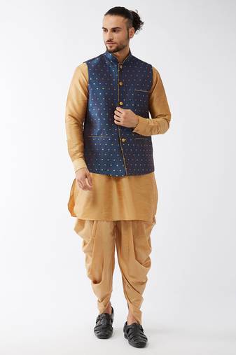 Men'S Rose Gold And Blue Silk Blend Jacket, Kurta And Dhoti Set
