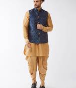 Men'S Rose Gold And Blue Silk Blend Jacket, Kurta And Dhoti Set