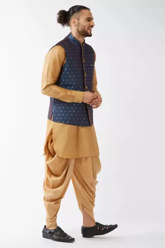 Rose Gold And Blue Silk Blend Jacket, Kurta And Dhoti Set