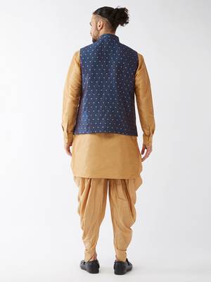 Rose Gold And Blue Silk Blend Jacket, Kurta And Dhoti Set 3